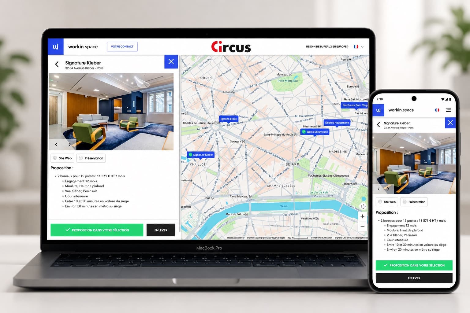 L'outil workin.space affiche une proposition de bureaux sur ordinateur et sur mobile : photos, budget, services et carte du quartier